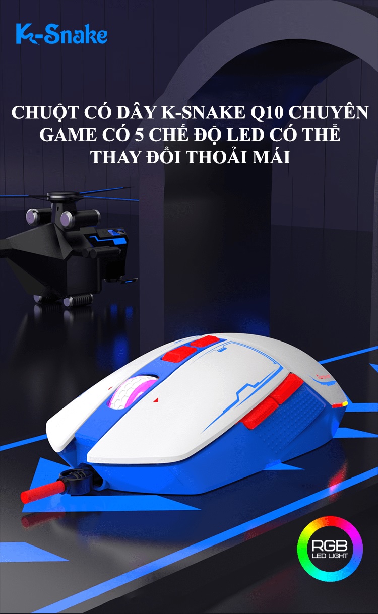 Chuột có dây chuyên game K-SNAKE Q10D có đèn led RGB 5 chế độ với tốc độ chuột lên đến 4000DPI - JL - HÀNG CHÍNH HÃNG