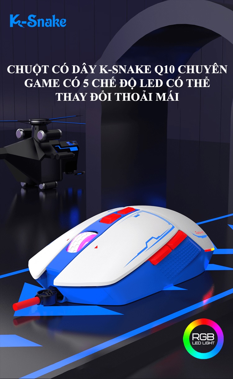 Chuột có dây chuyên game K-SNAKE Q10T có đèn led RGB 5 chế độ với tốc độ chuột lên đến 4000DPI - JL - HÀNG CHÍNH HÃNG