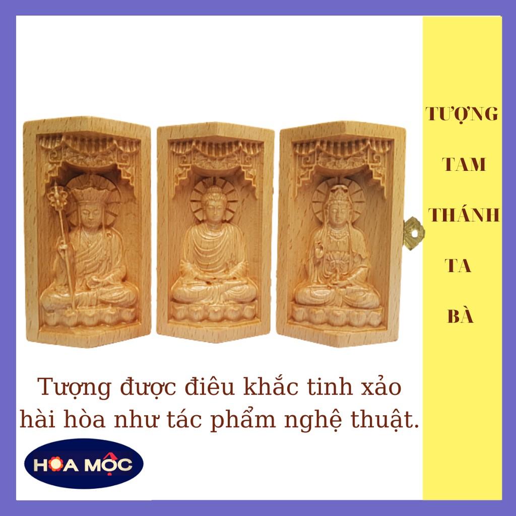 Tượng Gỗ Tam Thánh Sa Bà. Tượng Địa Tạng Vương Bồ Tát - Phật Thích Ca - Quan Âm Bồ Tát. Điêu Khắc Chất Liệu Gỗ