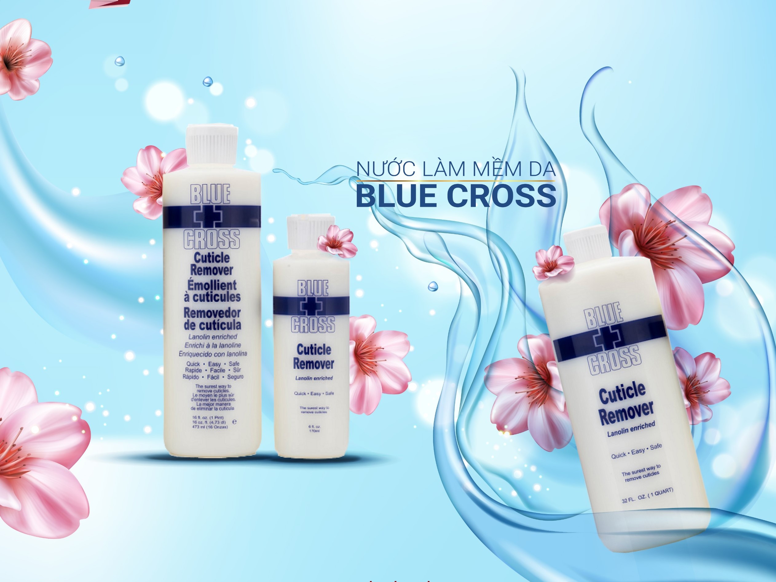 Combo 3 chai nước mềm da nail hiệu Blue Cross nhập khẩu từ Mỹ, không cần ngâm nước, dung tích 946ml/ chai