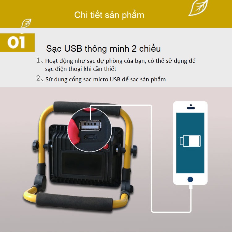 Đèn LED siêu sáng sạc điện có ĐKTX , điều chỉnh xoay 360 độ W726 50W