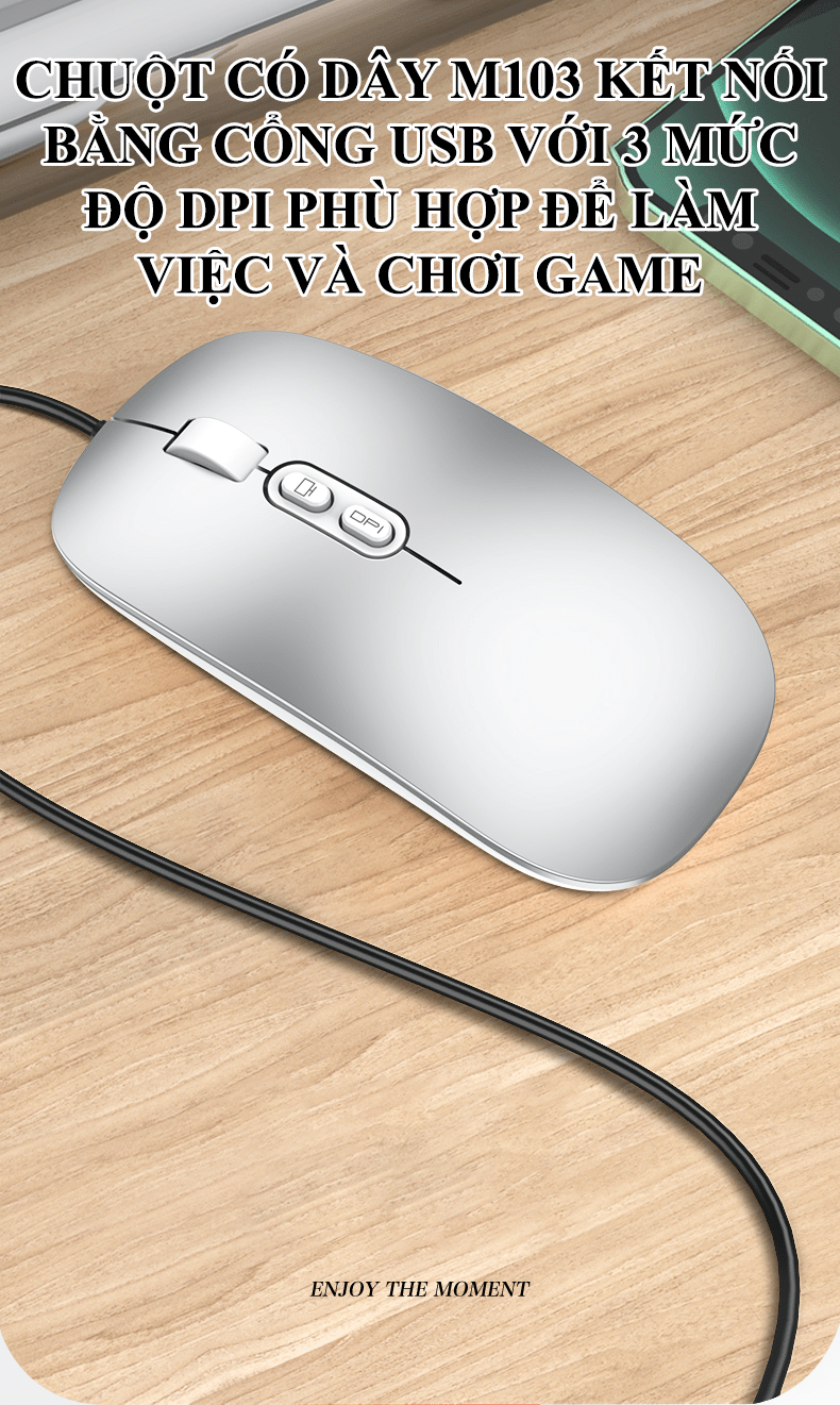 Chuột có dây M103 kết nối bằng cổng USB với 3 mức độ DPI phù hợp để làm việc, chơi game - HT
