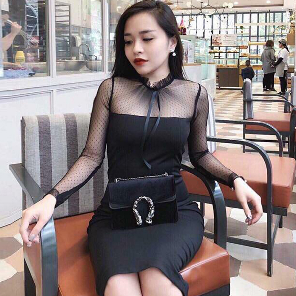 Đầm Ôm Phối Tay Lưới Bi Nơ Cổ