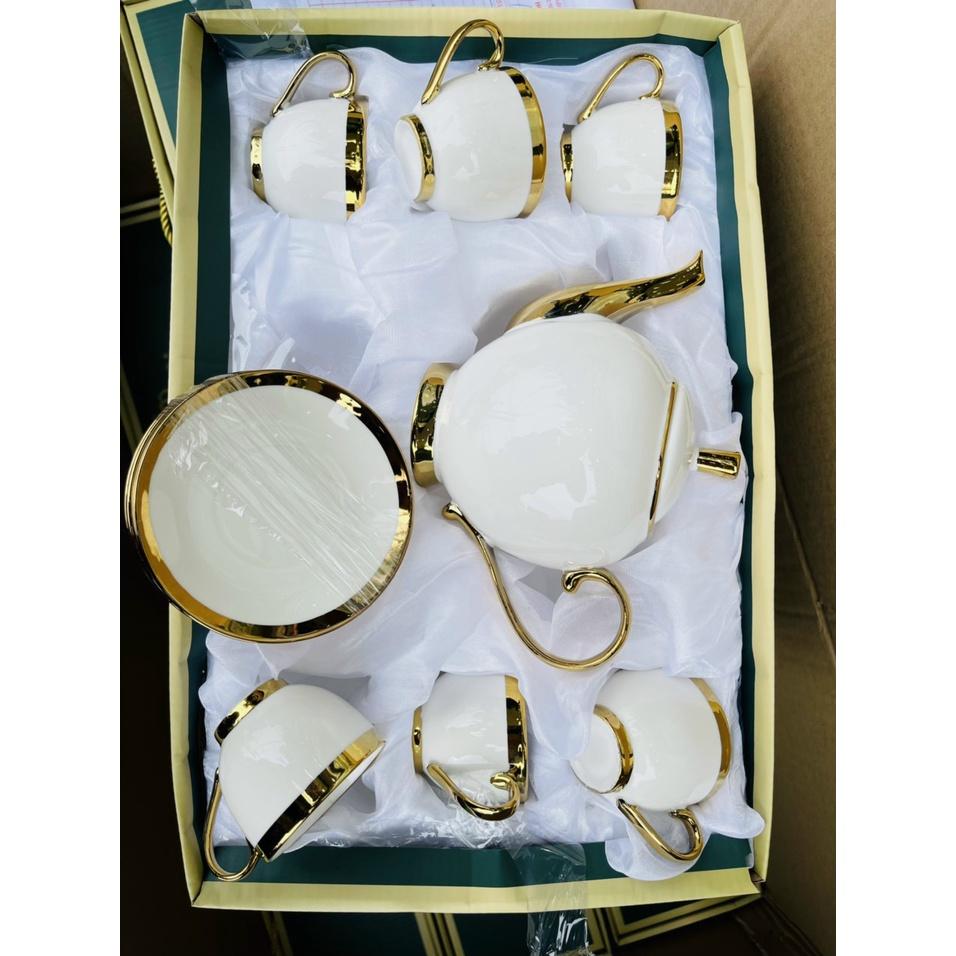 Bộ ấm chén chỉ vàng cao cấp, bộ ấm chén sứ uống trà phong cách đĩa kê