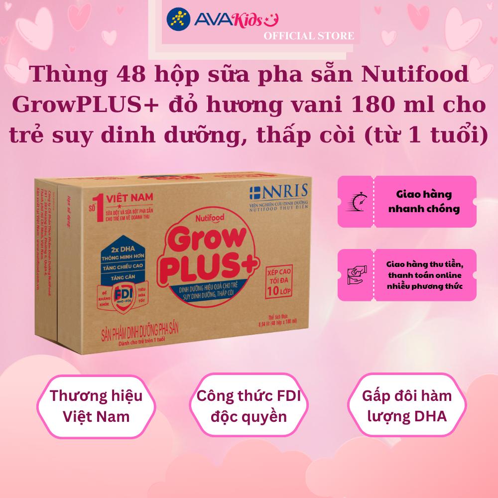 Thùng sữa pha sẵn Nutifood GrowPLUS+ đỏ hương vani 180 ml cho trẻ suy dinh dưỡng, thấp còi (từ 1 tuổi)