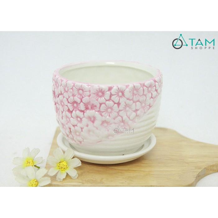 Chậu gốm trồng cây để bàn hoa nổi số 63