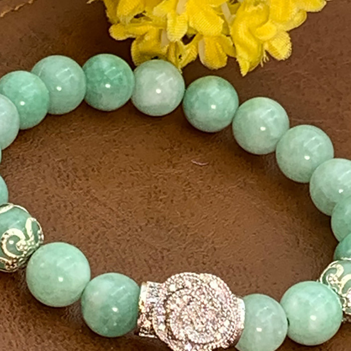 Vòng Đá Thạch Anh Xanh Vân 8 Ly Charm Hoa Đá Bạc