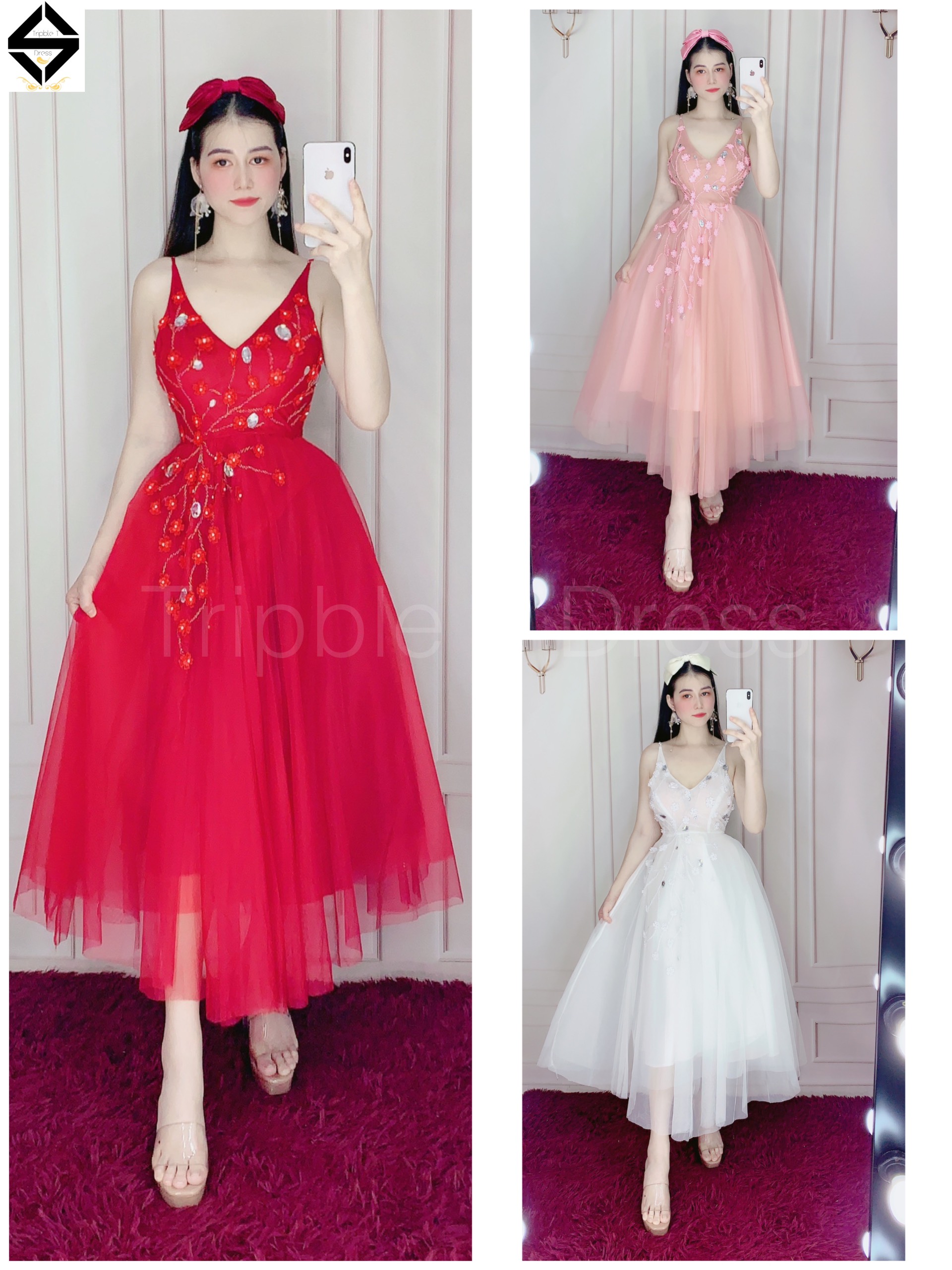 Đầm dự tiệc 2 dây kết cườm và hoa mai nổi TRIPBLE T DRESS - size M/L - MS301V