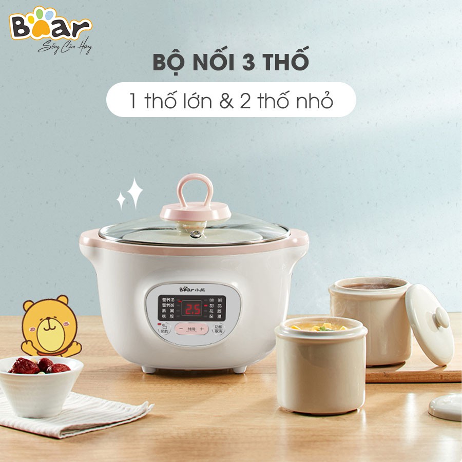 Nồi nấu cháo chậm, ninh hầm cách thuỷ bear 1.6L ( kèm 2 thố nhỏ 0.5L và lồng hấp) Bản quốc tế