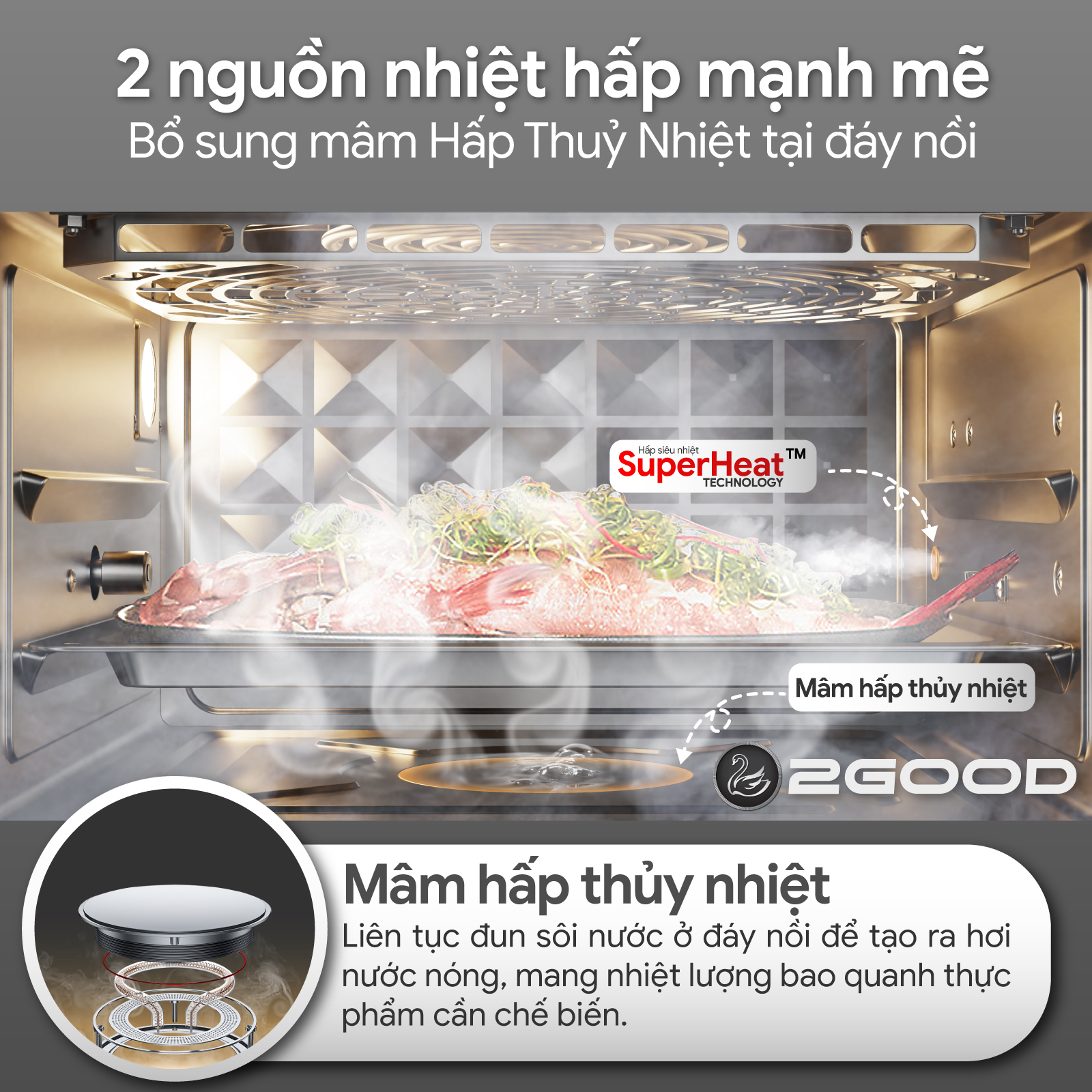 Nồi Chiên Không Dầu Kèm Hấp 2GOOD S100, Công nghệ SUPERHEAT, Bổ sung Xiên quay gà, Lồng tự đảo 360°, Full phụ kiện từ Inox 304 an toàn cho Sức khoẻ - Hàng Chính Hãng