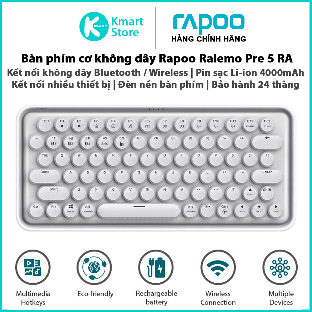 Bàn phím cơ không dây Rapoo Ralemo Pre 5 RA | Kết nối Bluetooth / Wireless 2.4ghz | Pin 4000mAh | Bảo hành 1 năm | Hàng Chính Hãng