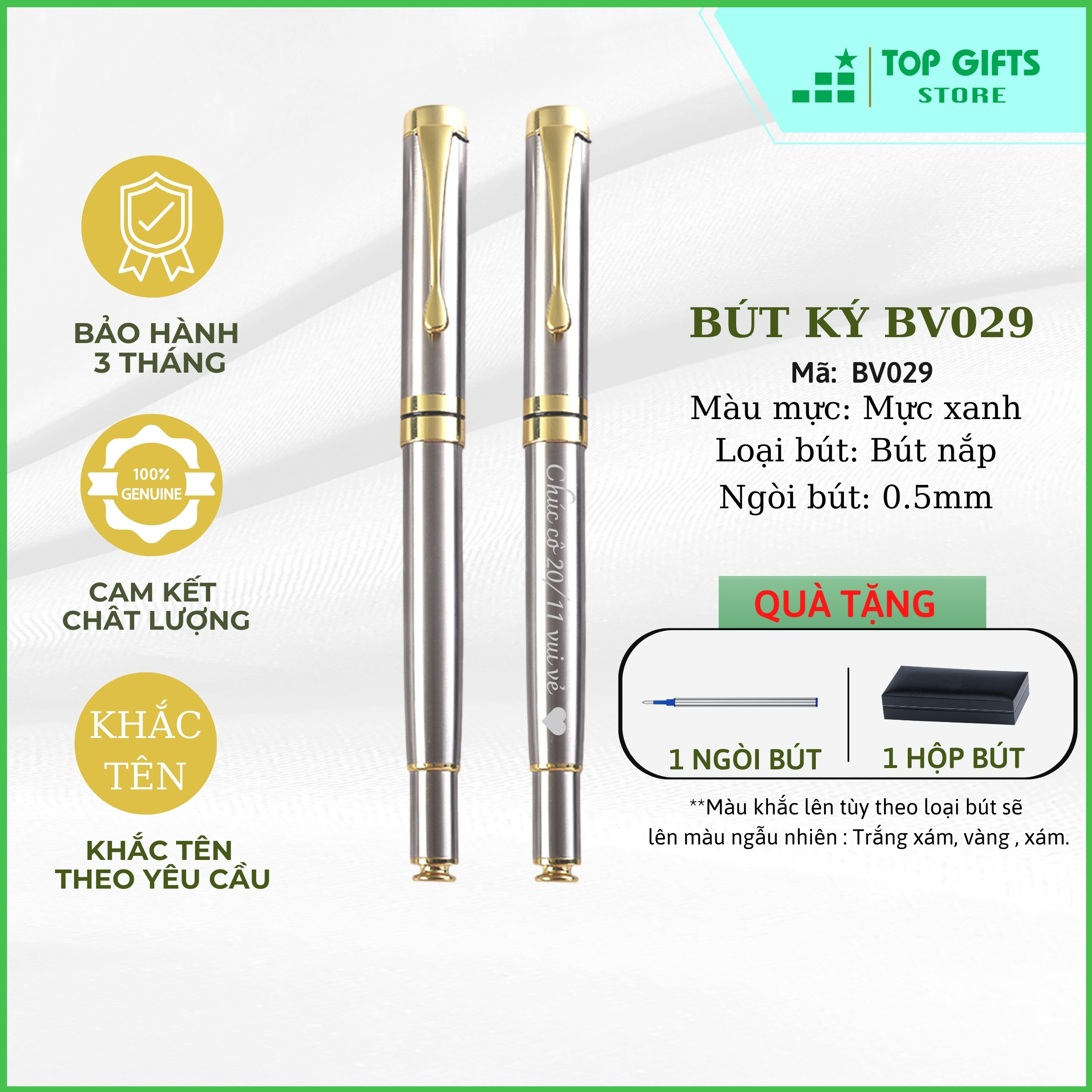 Bút ký khắc tên Cao cấp Bạc Viền Vàng Nắp PBV027| Quà tặng khắc tên + Ruột bút + Hộp bút