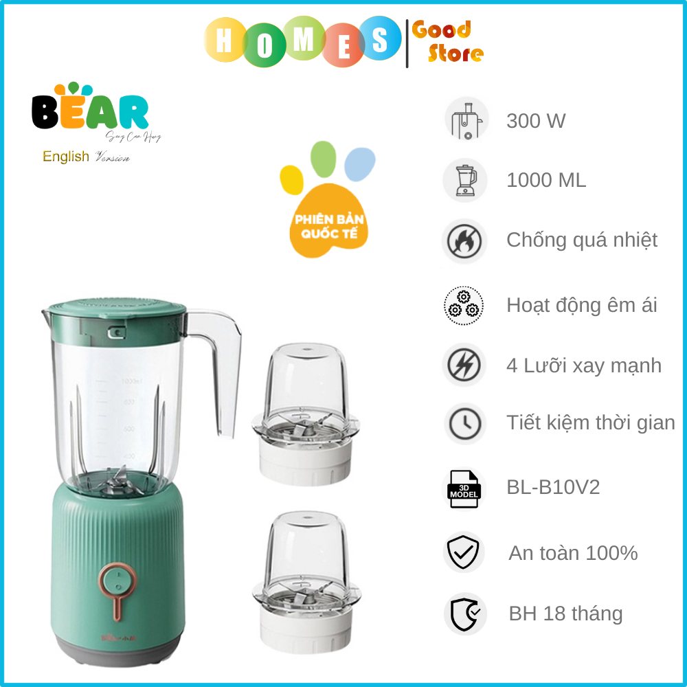 Máy Xay Sinh Tố Đa Năng BEAR BL-B10V2 Gồm 3 Cối Dung Tích 1.2 Lít Công Suất 300 W - Hàng Chính Hãng