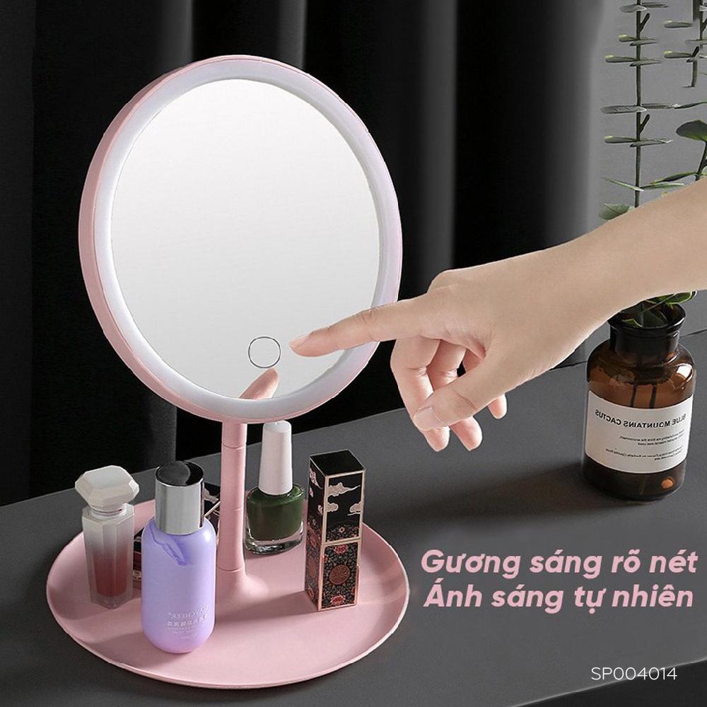 Gương Để Bàn Trang Điểm Có Đèn Led Cảm Ứng 3 Chế Độ Ánh Sáng Gương MakeUp