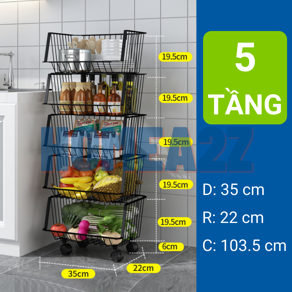 Kệ Nhà Bếp Đa Năng Dạng Rổ 4/5 Tầng Thép Carbon Sơn Tĩnh Điện, Kệ Rổ Xoay 360 Tiện Lợi Chống Gỉ Sét Cao Cấp