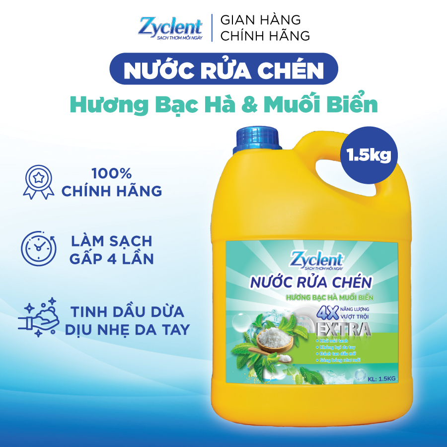 NƯỚC RỬA CHÉN ZYCLENT EXTRA HƯƠNG BẠC HÀ, MUỐI BIỂN - 1.5KG