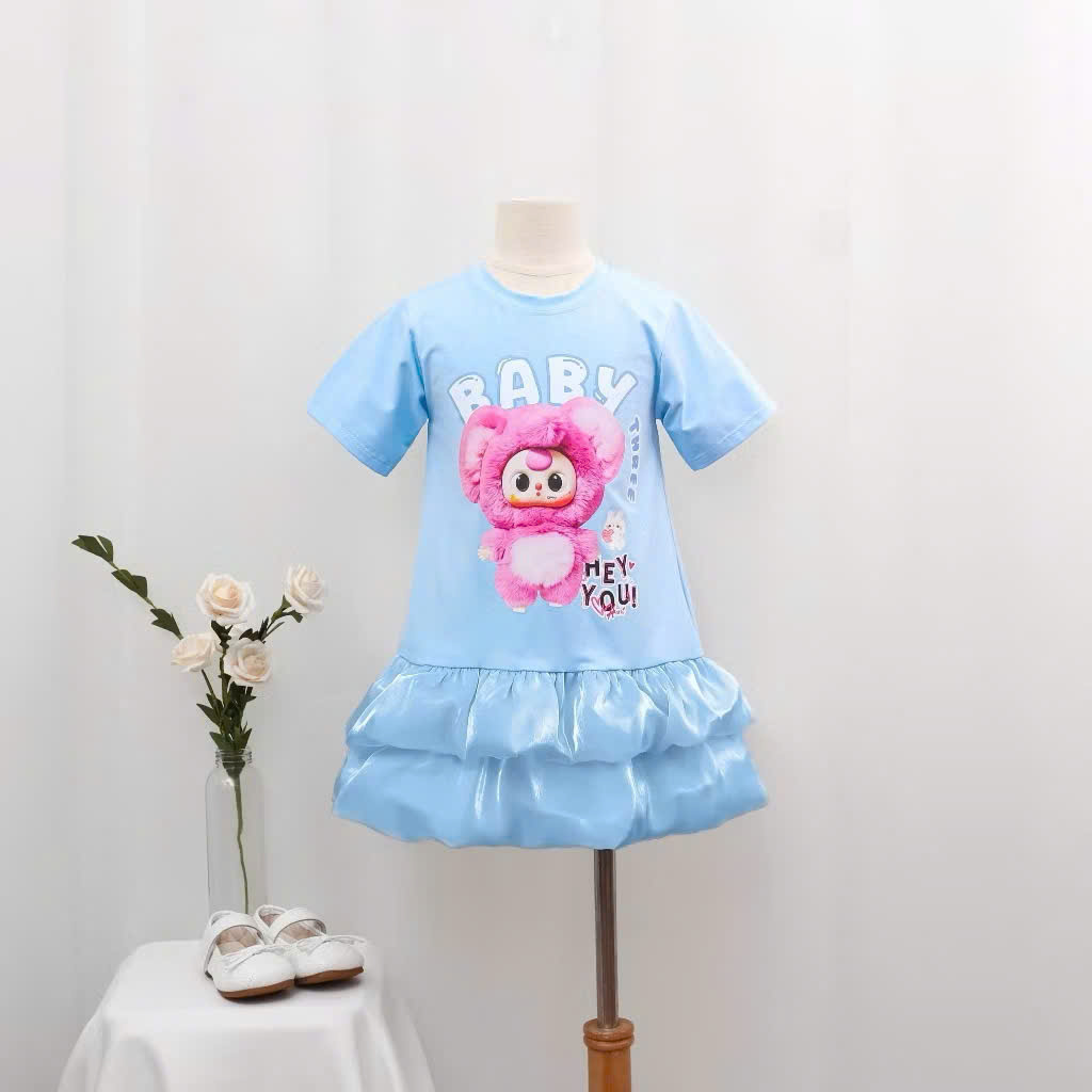 ĐẦM SUÔNG THUN CHÍNH PHẨM PHỐI 2 TÙNG BÍ IN BABYTHREE HOTTREND BÉ GÁI TỪ 12-50KG CHO BÉ GÁI