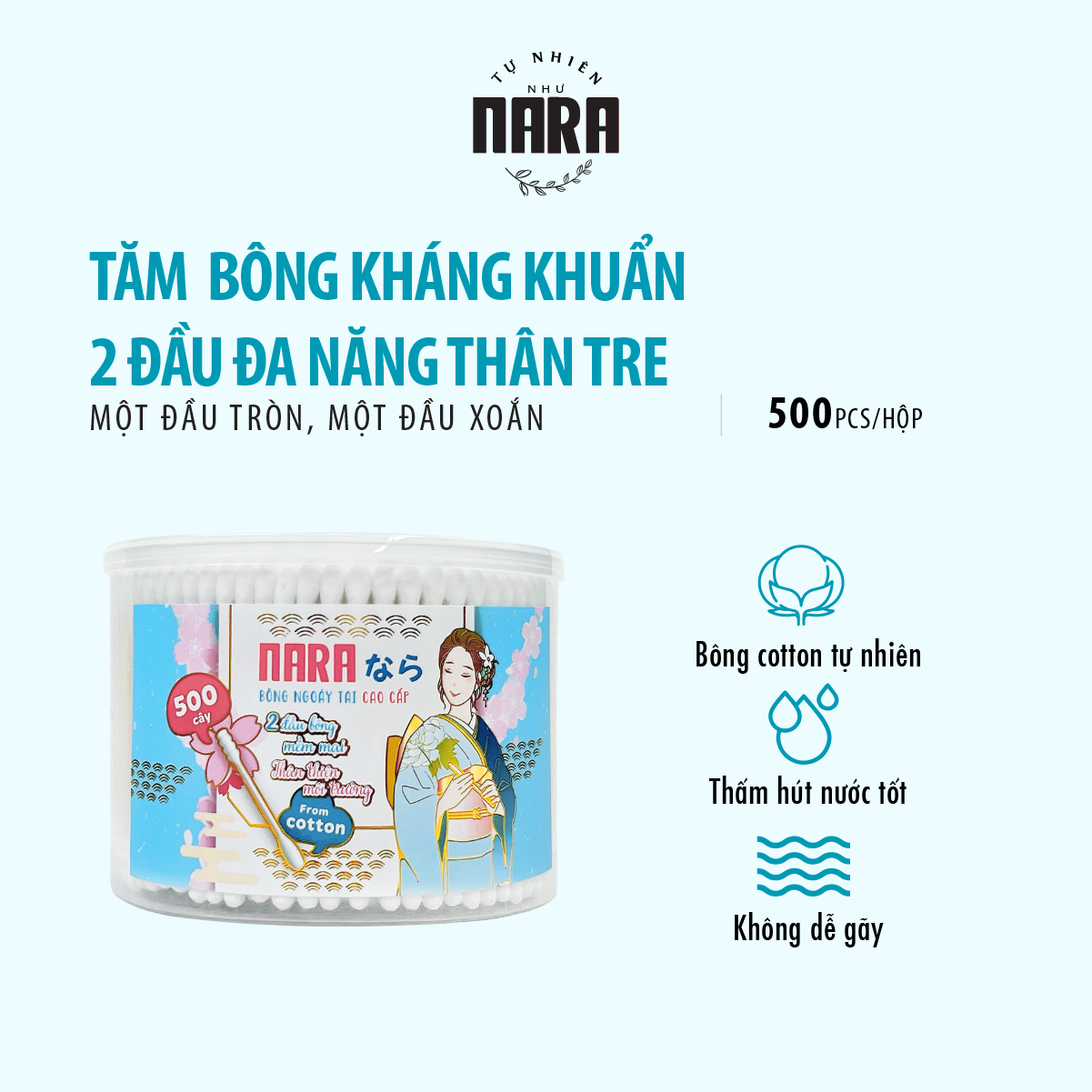 Tăm bông Nara 2 đầu đa năng màu xanh dương hộp 5OO cái