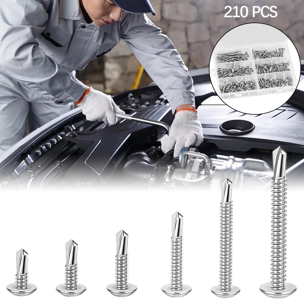 210pcs Self-Drilling Screws Kits 6 Sizes Phillips Head 13 19 25 32 38 50mm Screw Set Nail for Wood Home Garages Repair Tool