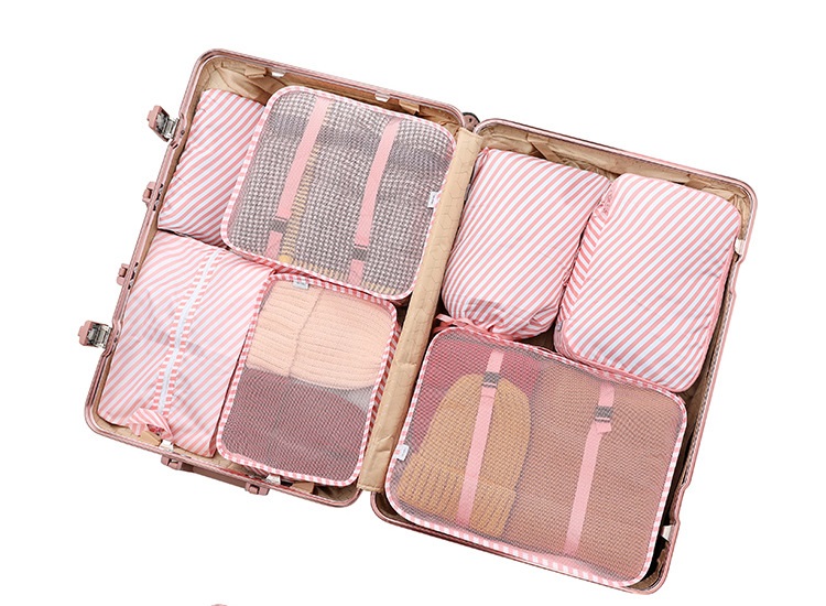 Túi du lịch màu hồng 8 túi chất liệu vải lưới và kín chống nước nhiều kích cỡ, dùng xếp gọn gàng vali du lịch màu sắc trẻ trung, phong cách Hàn Quốc - Fidi