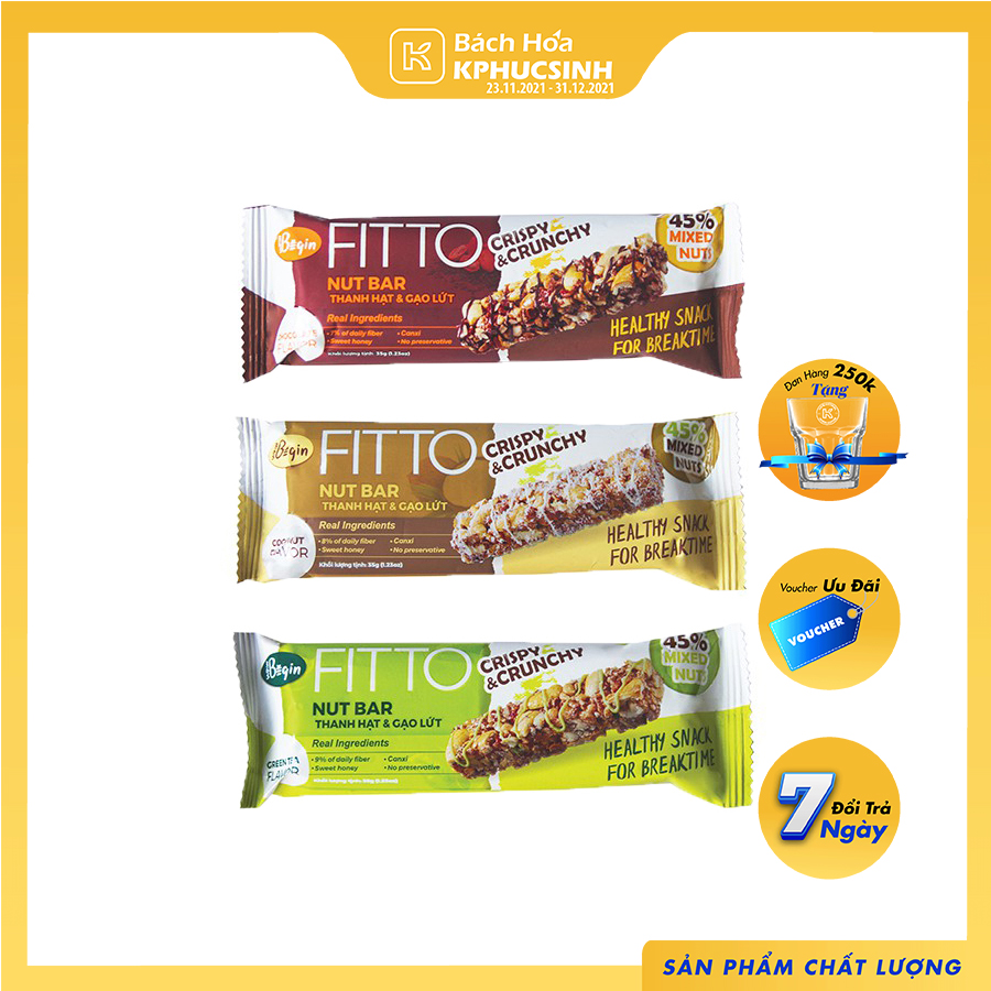 Combo 3 Thanh Năng Lượng Fitto Begin 365 (Socola, Trà Xanh, Dừa) - Bánh Ăn Kiêng - Bánh Giảm Cân