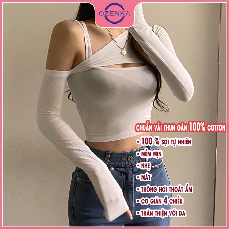 Áo croptop kiểu hàn quốc nữ, set áo croptop dài tay trễ vai kèm áo 2 dây ôm body thun gân cotton màu đen trắng