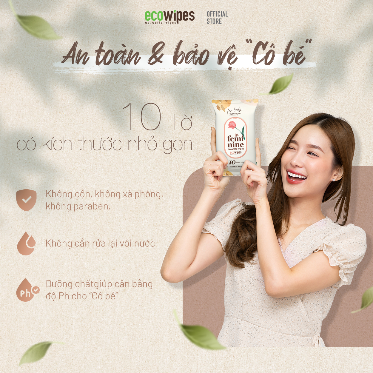 Khăn giấy ướt phụ khoa Ecowipes gói 10 tờ vệ sinh cho phụ nữ hương Daisy size 15x20cm nhỏ gọn dễ bỏ túi