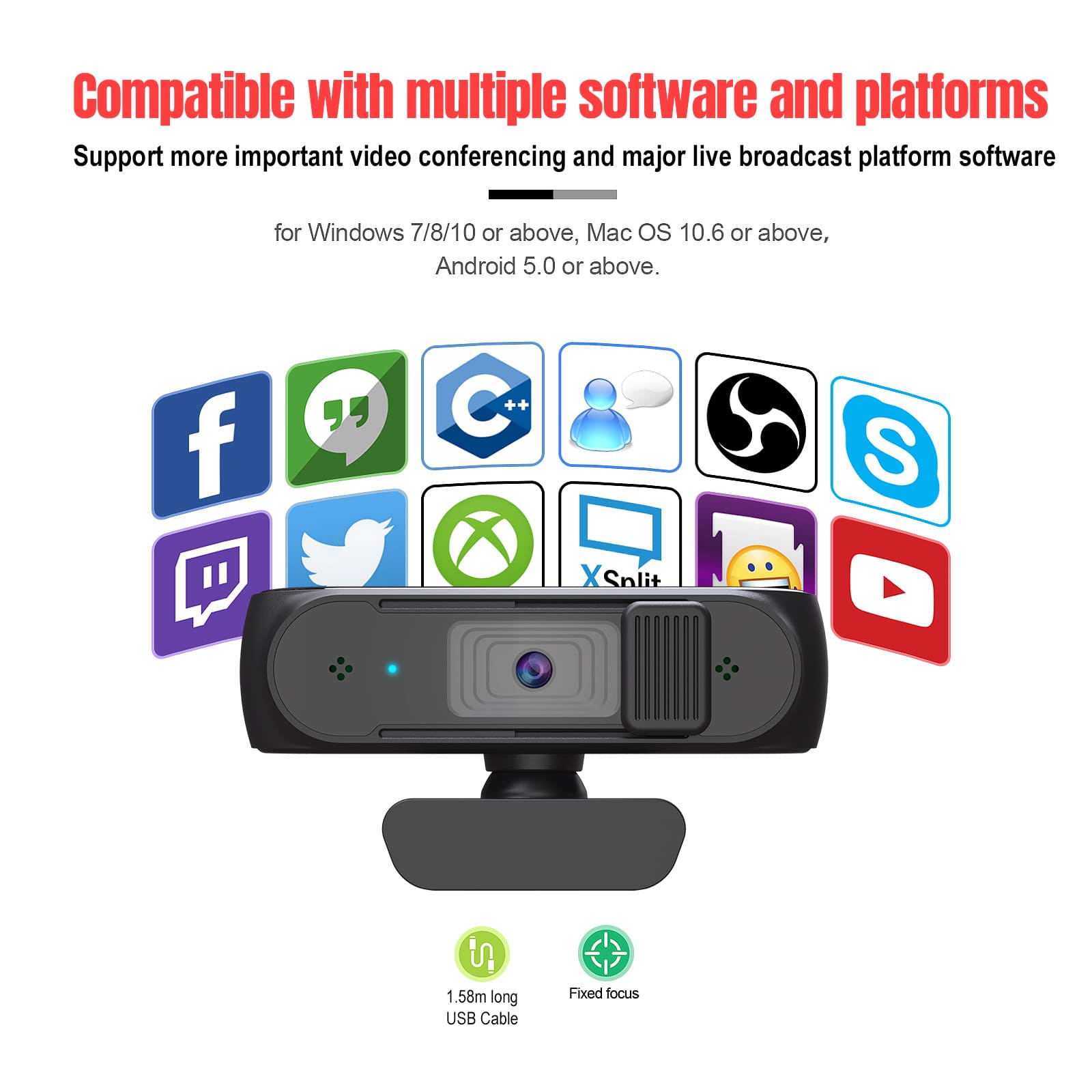 Webcam HXSJ S2 USB 2.5K FHD PC 5MP với hiệu chỉnh ánh sáng AF và Mic kép cho Video, dạy học