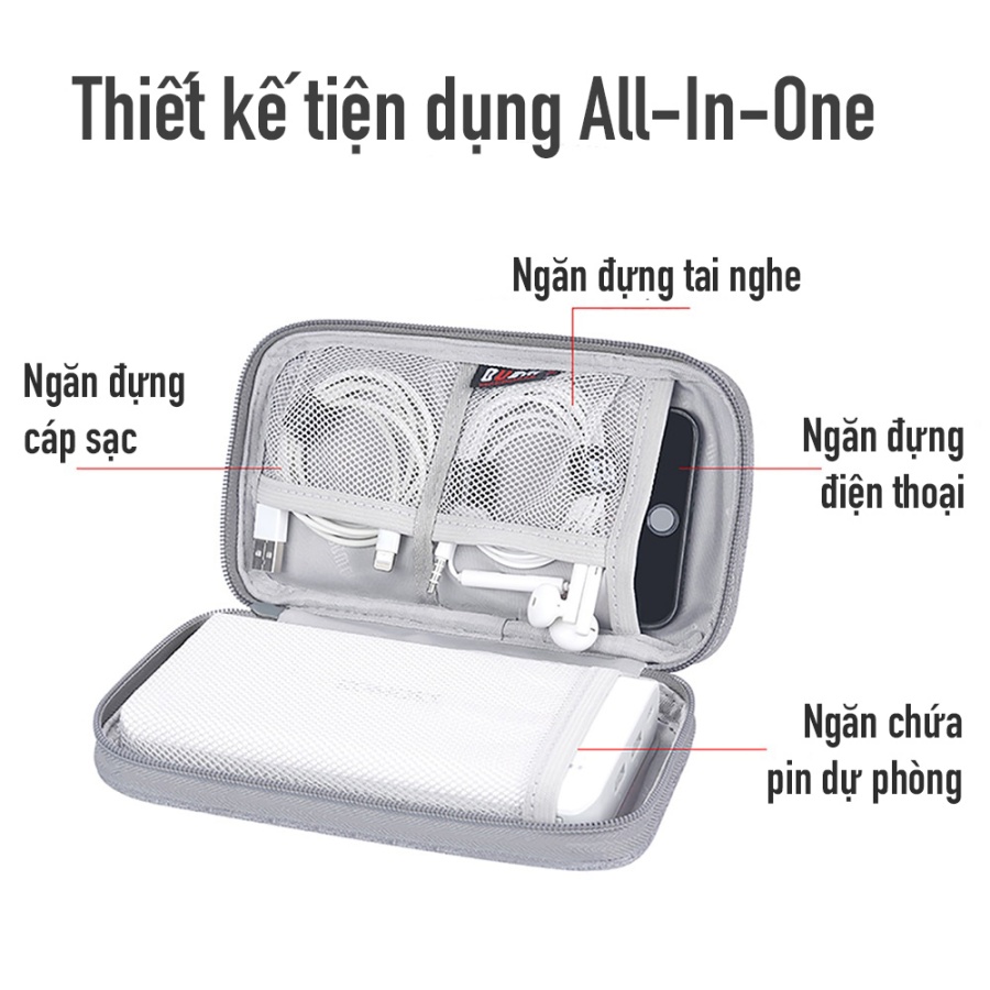 Túi phụ kiện công nghệ BUBM chuyên dụng 1 ngăn, 2 ngăn đựng dây cáp, pin sạc dự phòng có quai xách cầm tay tiện lợi- Hàng chính hãng