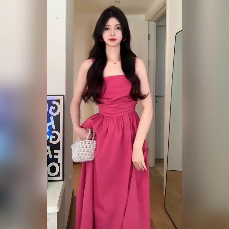 TOBE1SHOP Tea Break French Rose Sling Dress Trẻ em mùa hè 2023 Thắt lưng lộ ra váy dài nghỉ mát bên bờ biển gầy