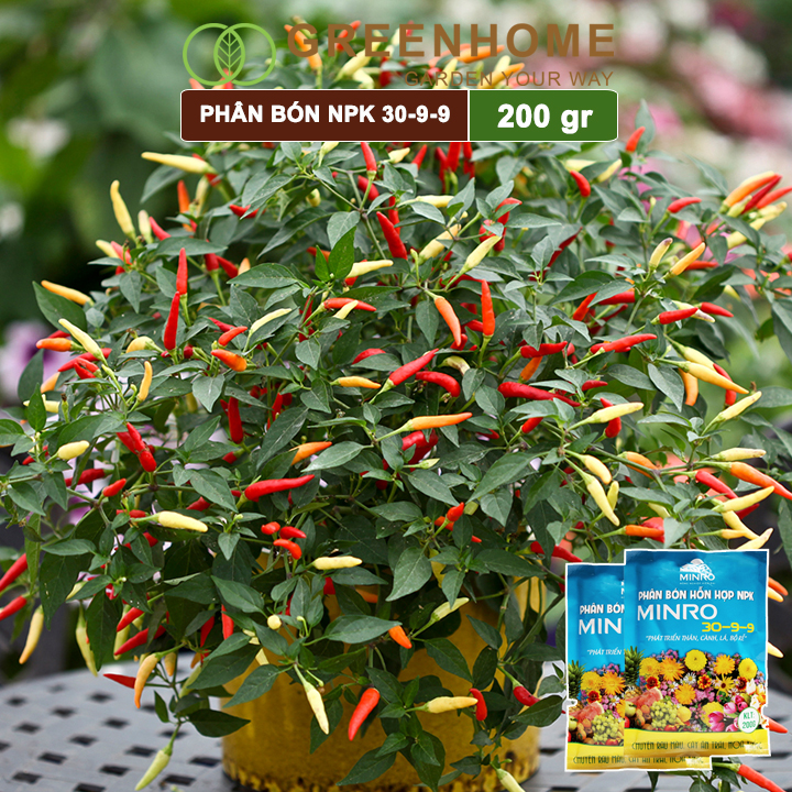 Phân NPK 30-9-9 +TE Greenhome, Minro, Bao 200gr, Phát Triển Nhanh Thân, Cành, Lá, Bộ Rễ Trên Kiểng, Cây Ăn Trái, Củ, Quả