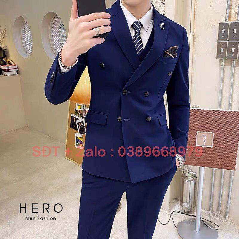 Bộ Vest Nam Hàn Quốc 6 Cúc Màu Xanh, Chất vải sịn, Fom Dáng Đẹp, Bộ Suit Nam 6 Cúc