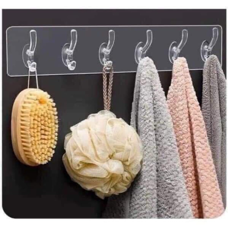 Móc Treo Nguyên Khối Trong Suốt Dán Tường 6 Móc Siêu Chắc