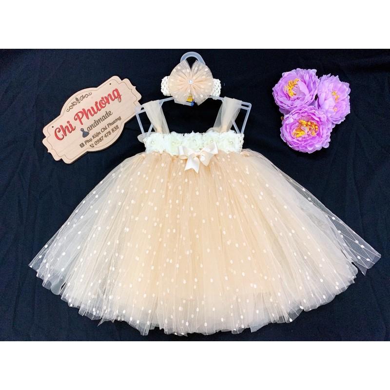 Váy tutu kem pha lưới chấm bi