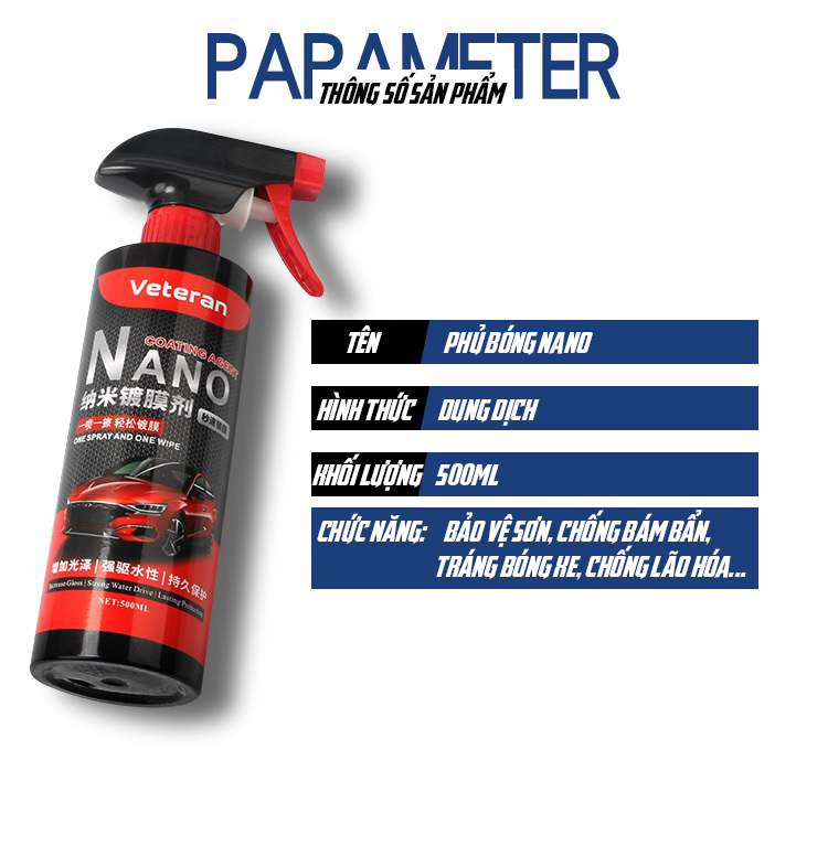 Dung Dịch Nano Phủ Bóng Sơn Xe Ô Tô Chống Thấm Nước Cao Cấp VETERAN 500ml- Hàng Nhập Khẩu