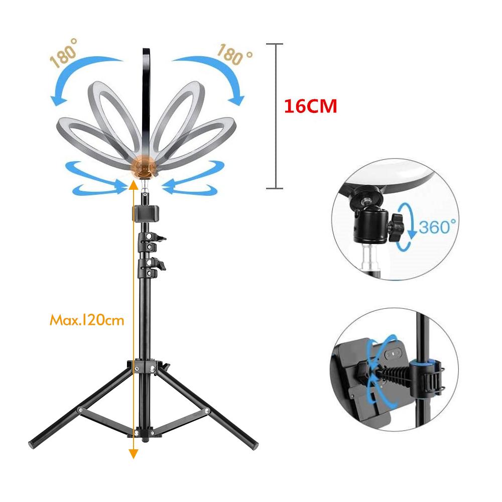 Đèn LED chiếu video 16cm / 6 inch có thể điều chỉnh độ sáng có 3 chế độ chiếu sáng USB kích thước giá đỡ điện thọai 210cm