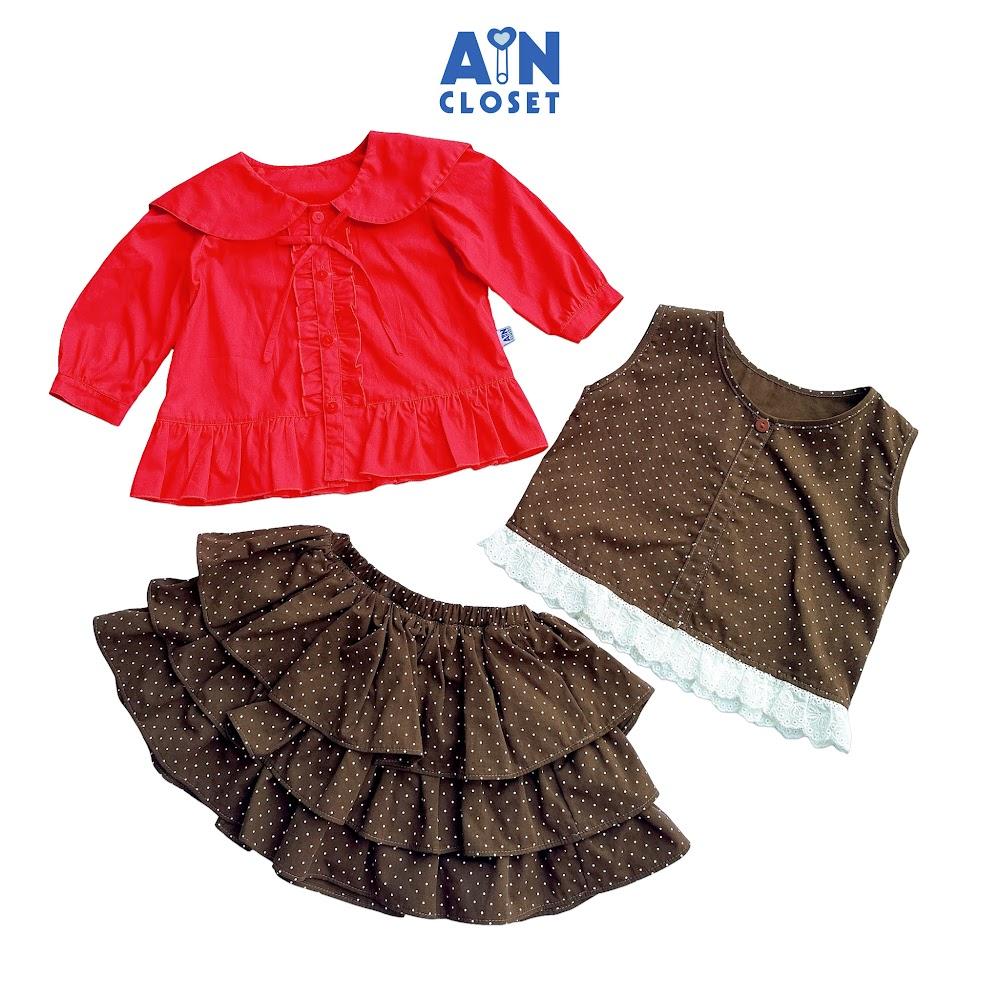Set Váy bé gái họa tiết Bi Nâu Kaki lụa - AICDBGWIOMPJ - AIN Closet