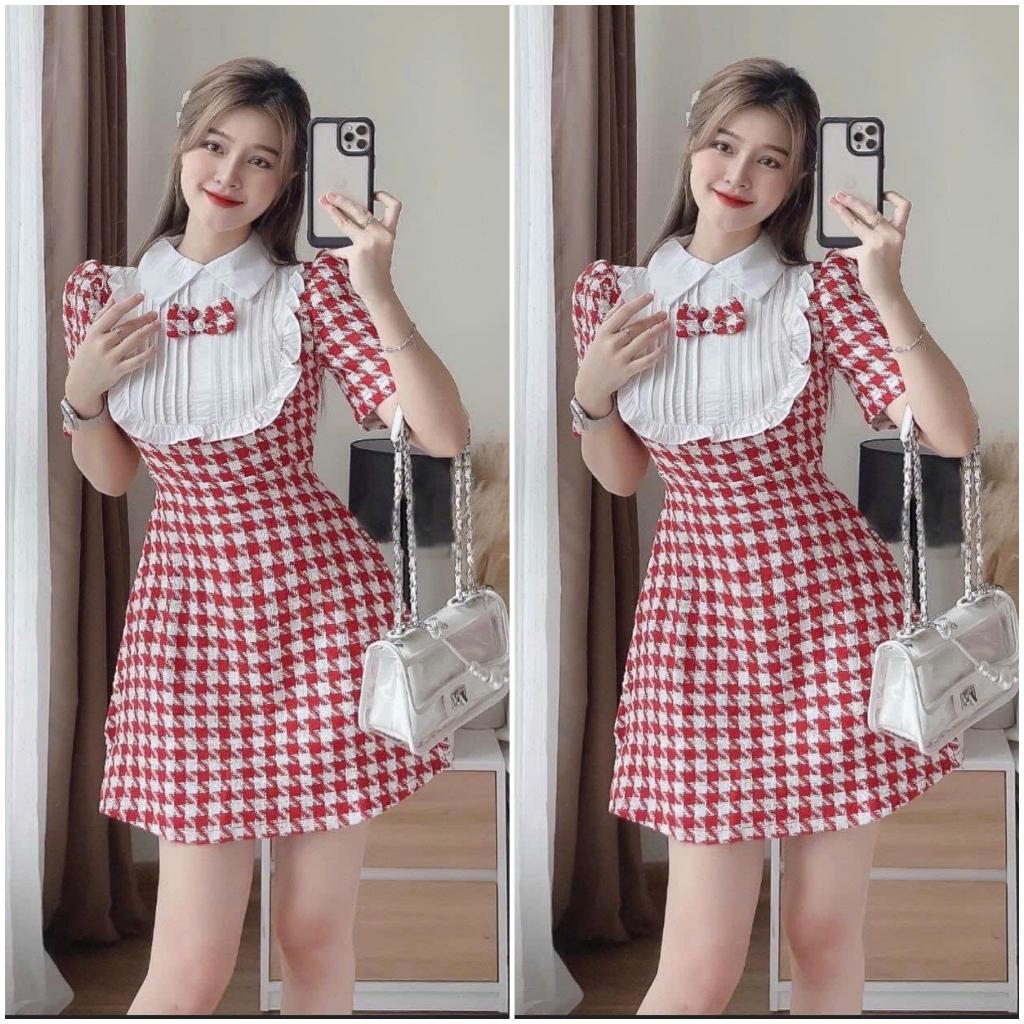 Đầm dạ caro phối kate trắng cổ bẻ xếp ly ngực đính nơ duyên dáng