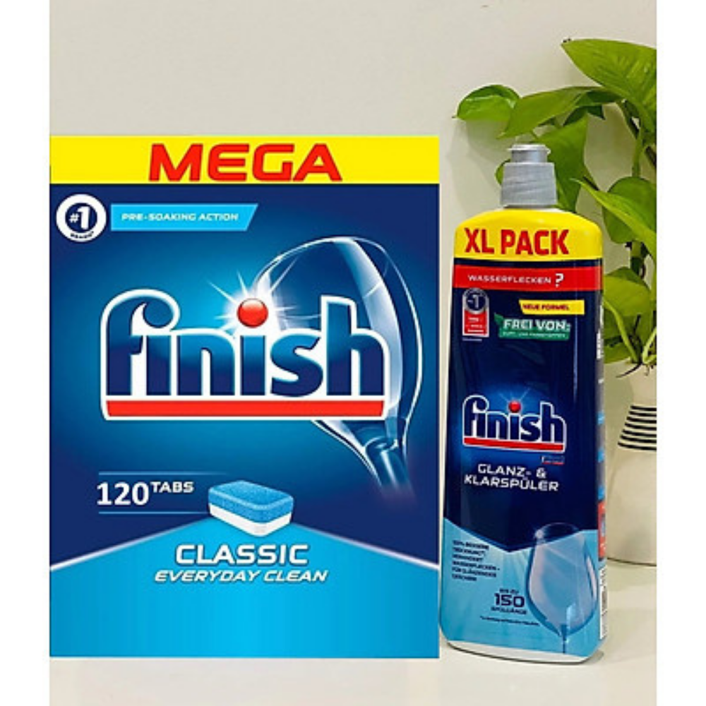 Viên rửa bát Finish 120 viên + Nước làm bóng Finish 800ml dùng cho Máy rửa bát