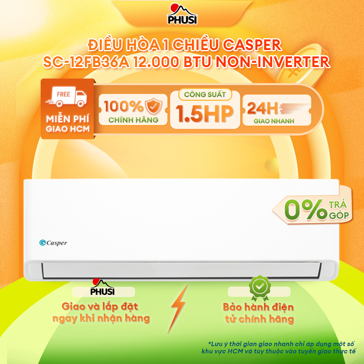 Máy lạnh Casper 1.5 HP không Inverter SC-12FB36A  - Hàng Chính Hãng, Mới 100%