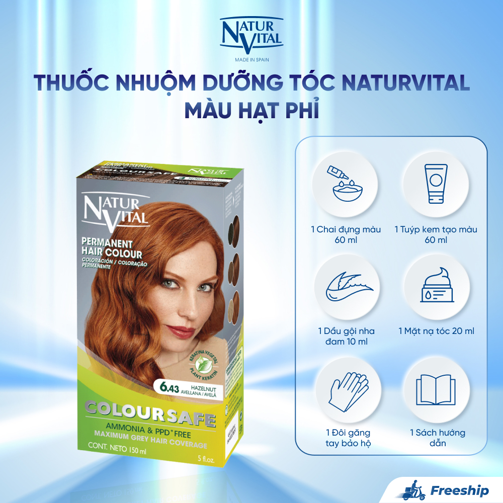 Thuốc Nhuộm Dưỡng Tóc NaturVital Colour Safe Permanent Hair Dye Chiết Xuất Lúa Mì & Đậu Nành, Giúp Làm Mới, Giữ Màu, Mang Đến Độ Mượt Bồng Bềnh - Màu Hạt Phỉ
