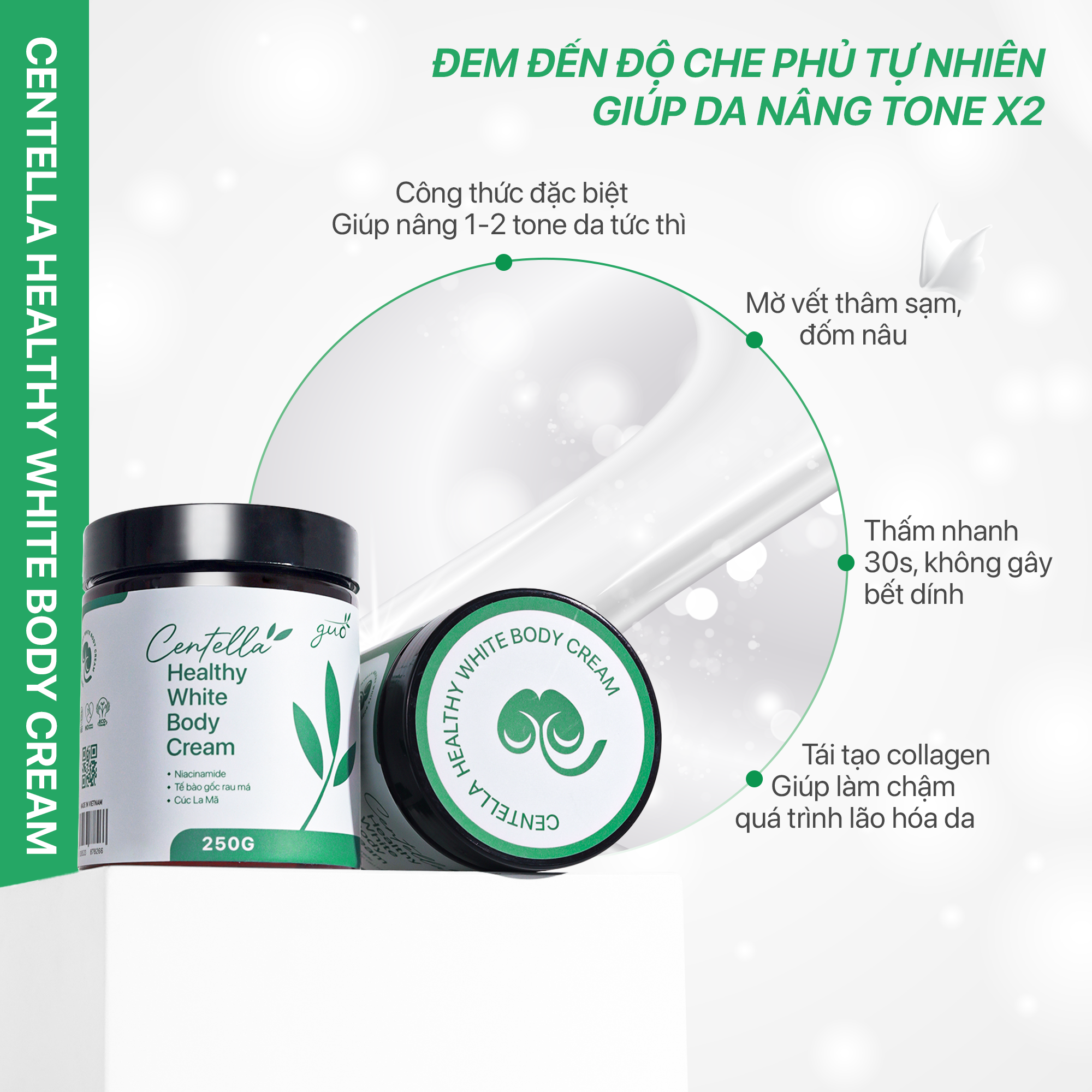 KEM BODY DƯỠNG TRẮNG MỊN DA RAU MÁ, NÂNG TONE TỨC THÌ, MỜ SẠM, THẨM THẤU NHANH - Centella Healthy White Body Cream GUO