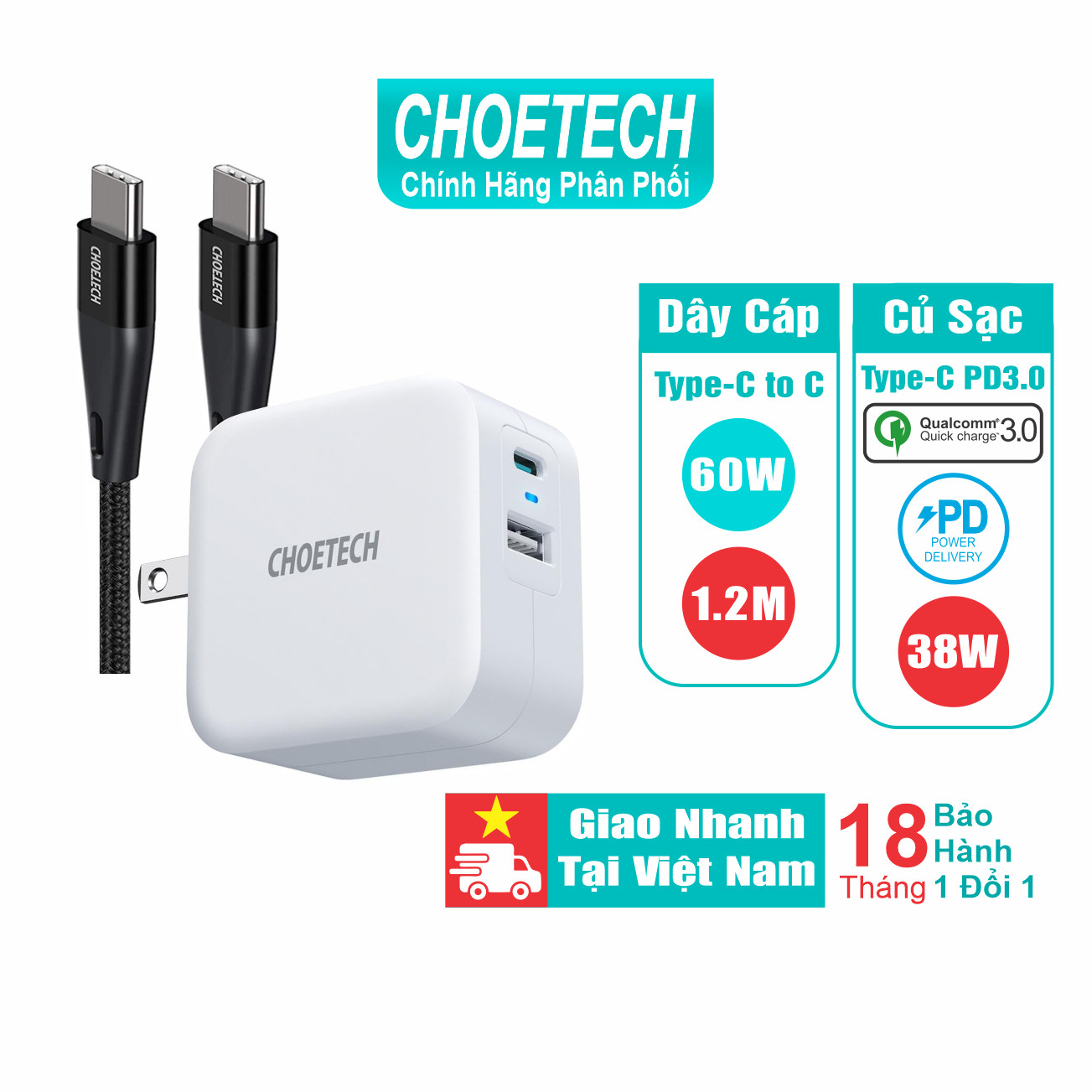 Bộ Củ Sạc CHOETECH PD 3.0 38W PD5002-W + Cáp Nylon USB Type C to C Dài 1.2M Sạc Nhanh 60W XCC-1003 - Hàng Chính Hãng