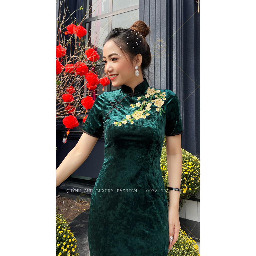 Đầm Sườn Xám Lụa Nhung Tuyết Xanh Rêu Trung Hoa Sang Trọng Nenito Dress