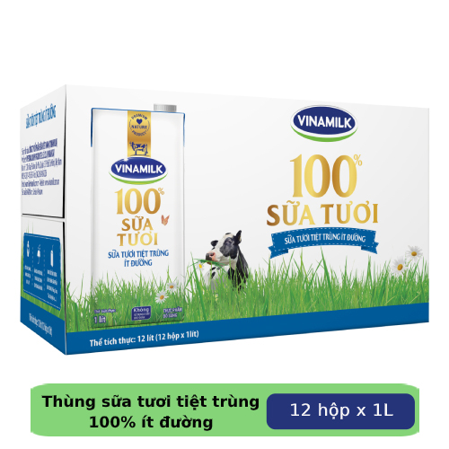 Thùng 12 Hộp Sữa Tươi Tiệt Trùng Vinamilk 100% Ít Đường (1L)