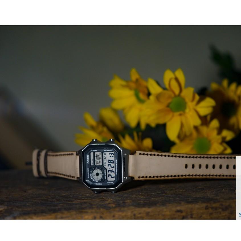 Dây đồng hồ RAM Leather cho casio ae1200 da bò thật - RAM 1970 vegtan trắng (tặng đầy đủ khóa, chốt, cây thay dây)