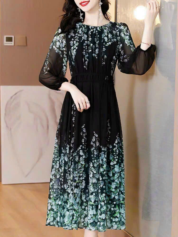 ĐẦM XÒE VOAN HOA XANH TAY DÀI