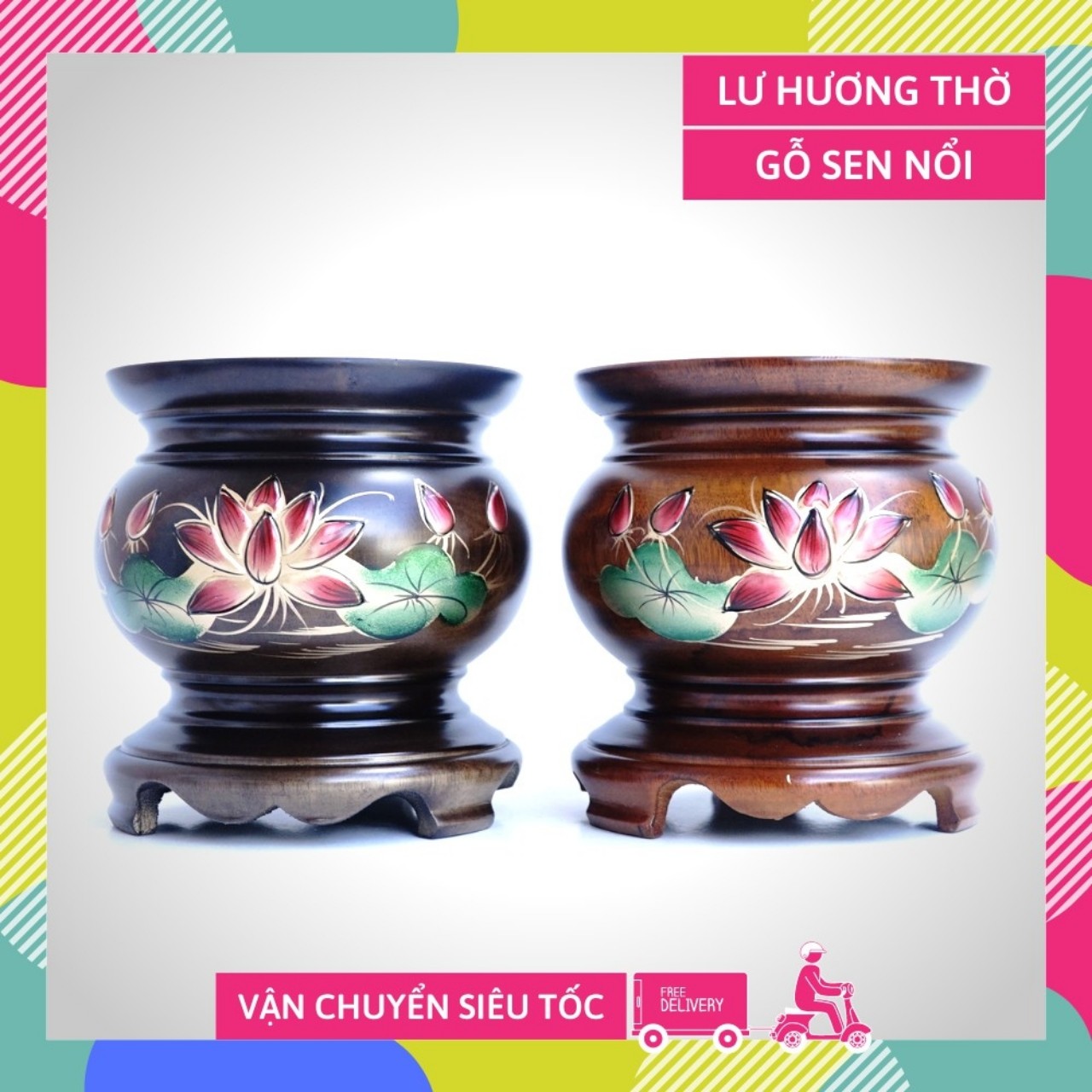 Bát nhang gỗ xoan đào hoạ tiết hoa sen kích thước 13cm - 15cm - 17cm