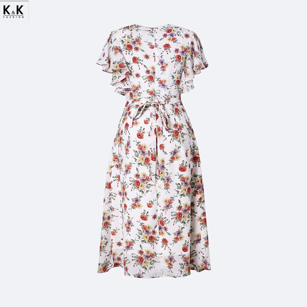Đầm Xòe Hoa Công Sở Tay Cánh Tiên K&amp;K Fashion KK118-37 Chất Liệu Tằm Ý