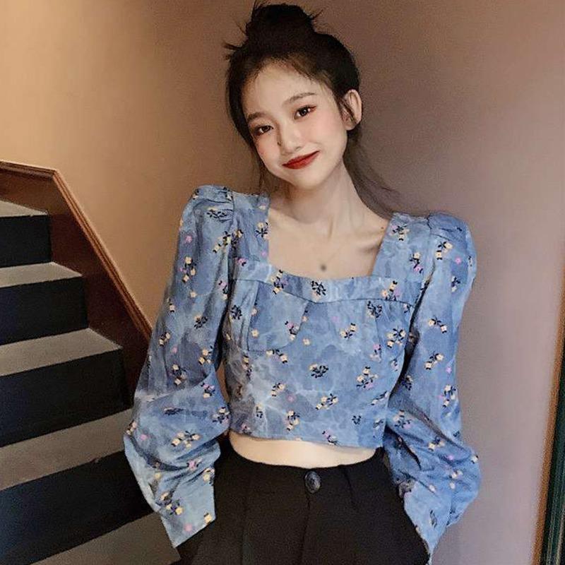 Áo kiểu tay dài cổ vuông họa tiết hoa phong cách retro Hàn Quốc xinh xắn thời trang cho nữ